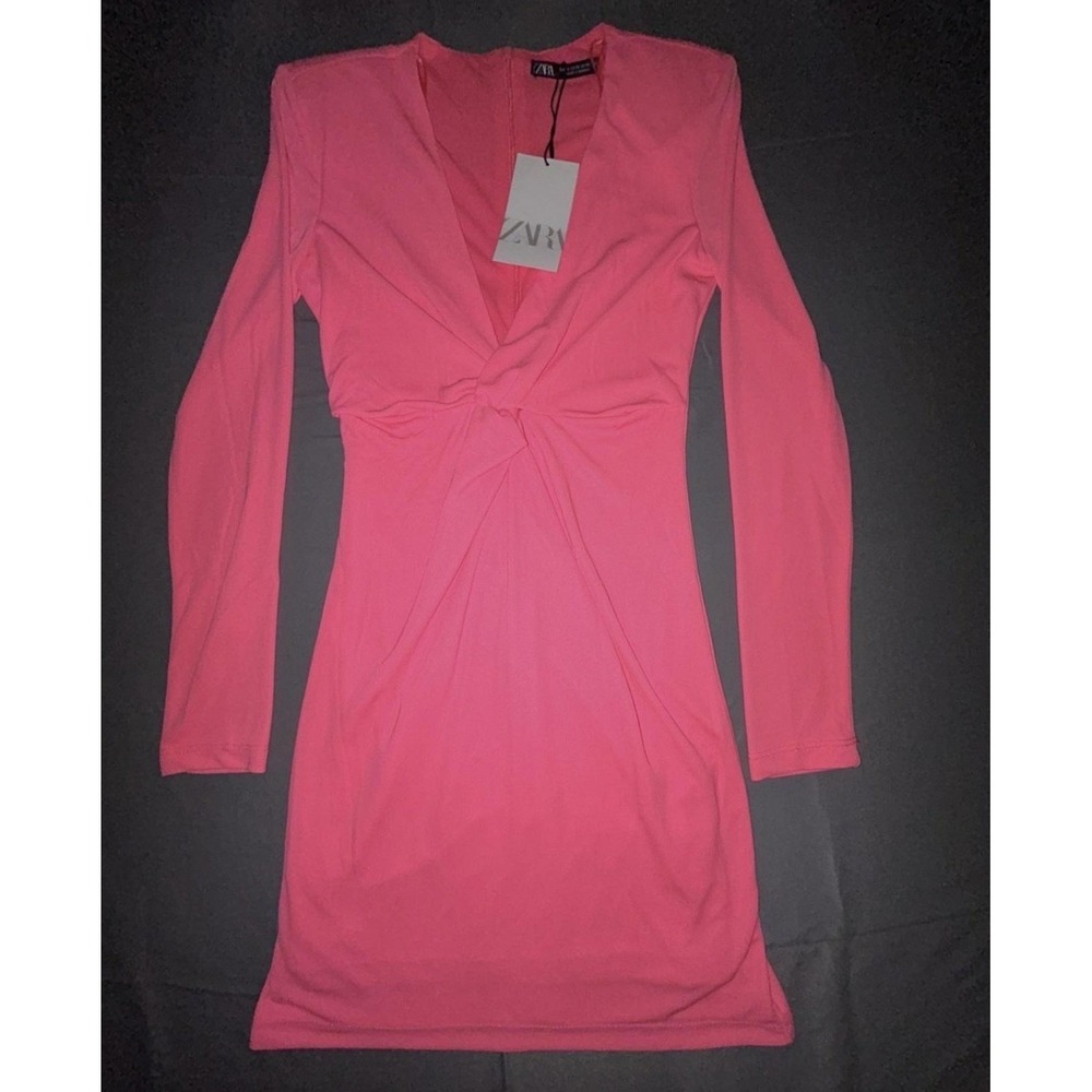 Zara Dress Womens XS Pink Bodycon Mini Long Sleeve V Neck Twist Front Party
